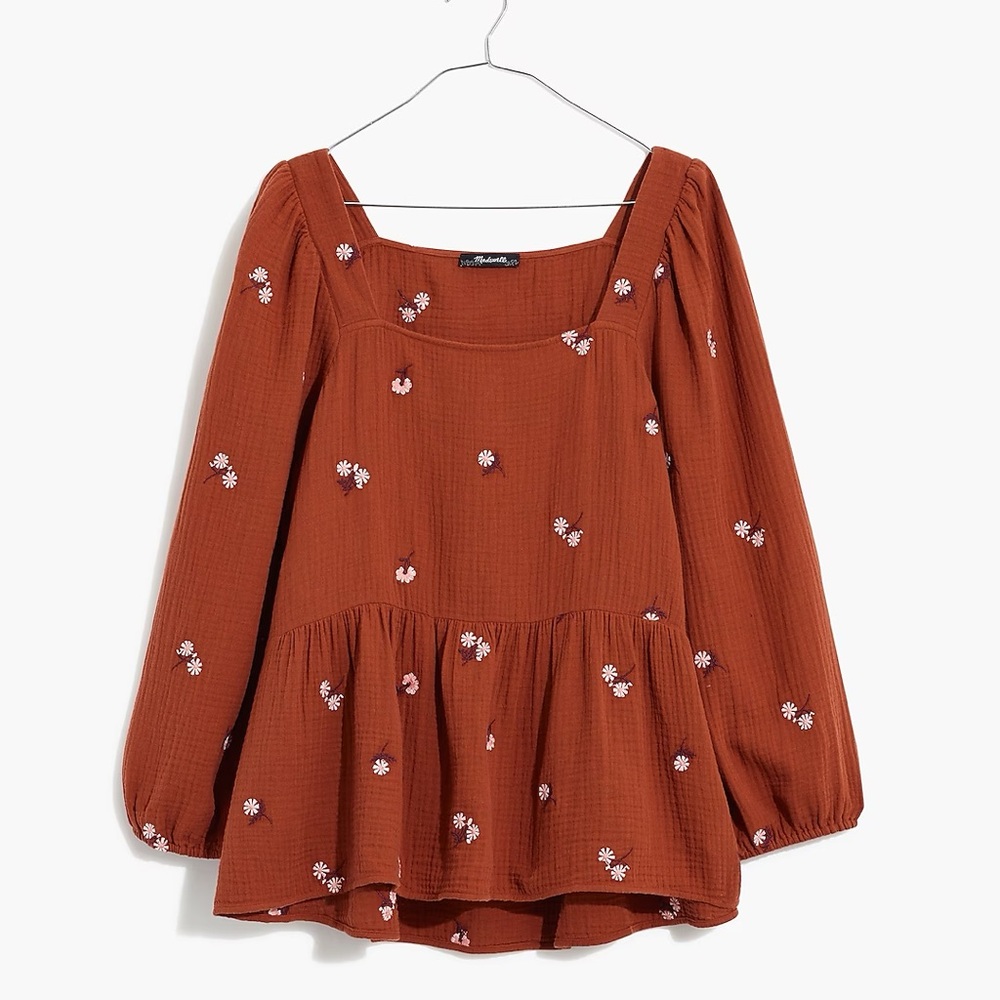 Madewell Amie Floral Embroidered Lightspun Millbrook Puff-Sleeve Peplum Top
